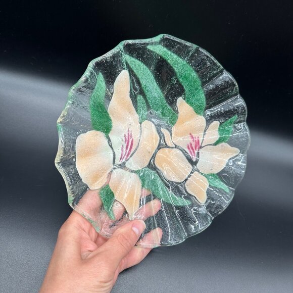 Fused Glass Bowl Pink Iris Flowers Ruffled Edge Signed Art Dish Sydenstricker - Picture 6 of 8